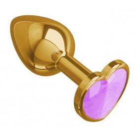Золотистая анальная пробка с сиреневым кристаллом-сердцем - 7 см.